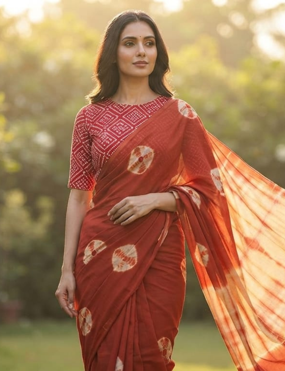 Vibrant Red & White Bandhani-Style Tie-Dye Cotton Saree