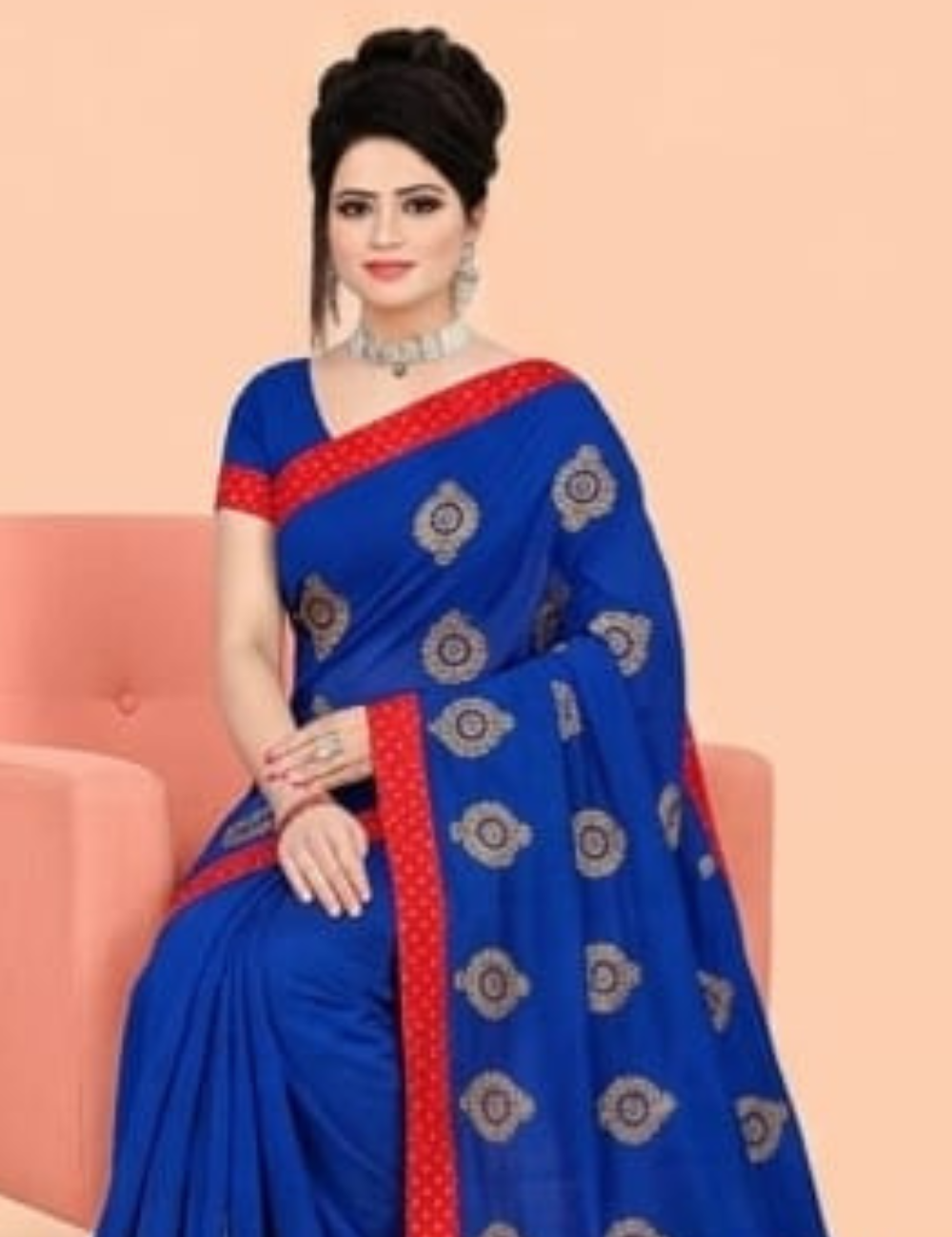 Royal Blue Saree with Pink Velvet Mirror Work Border
