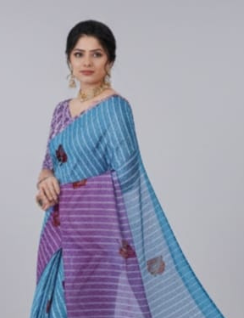 Vibrant Pink and Blue Saree with Leaf Motif and Fringed Border