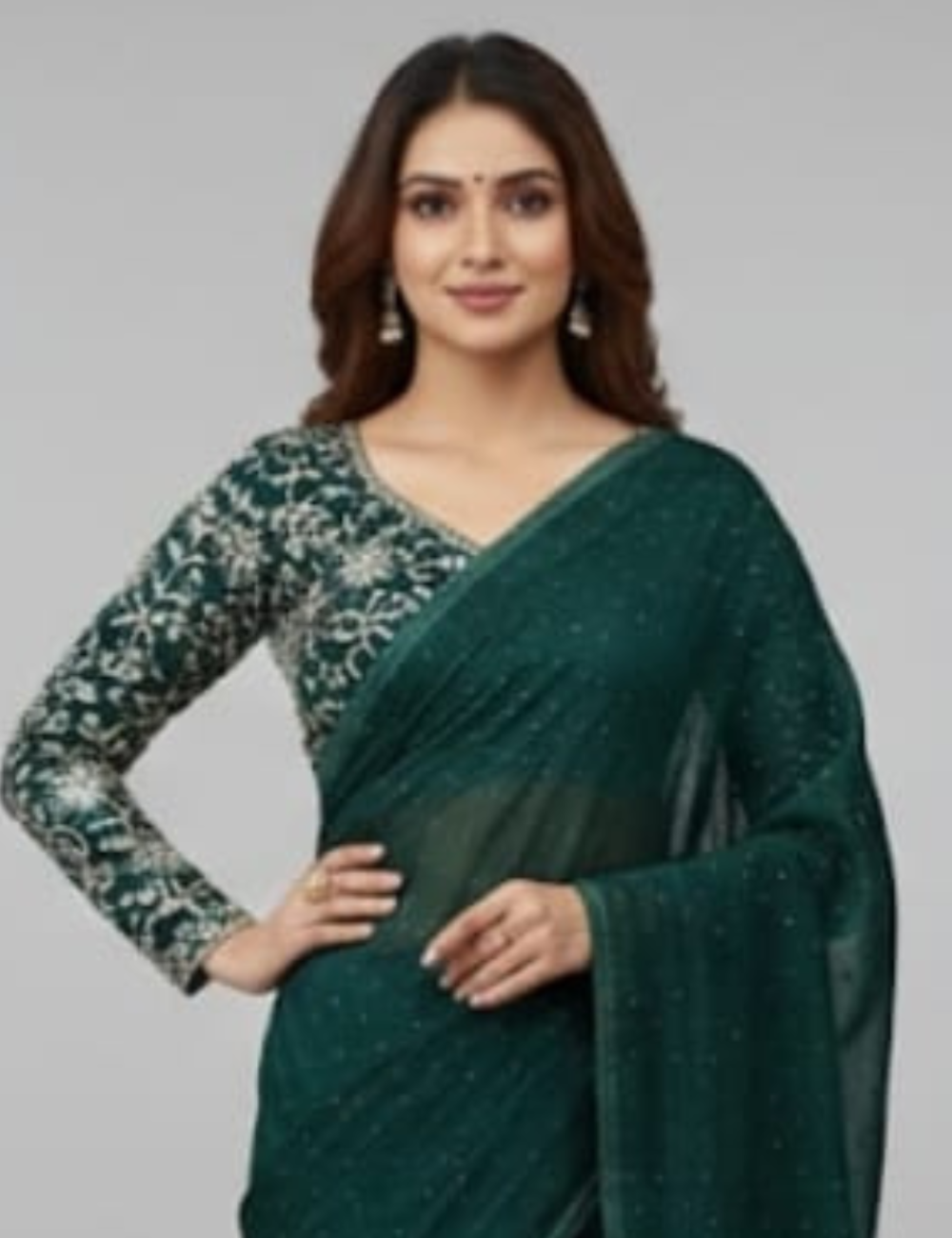 Elegant Deep Green Embroidered Saree with Tassel Detailing