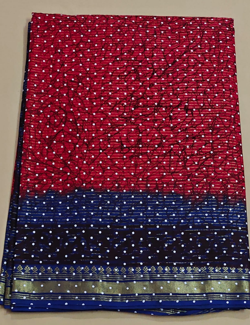 Red and Blue Bandhani Print Cotton Sari