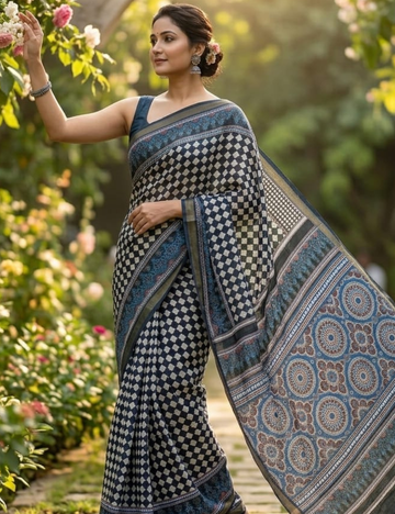 Black and White Geometric Motif Saree with Heritage Indigo Border with Blouse