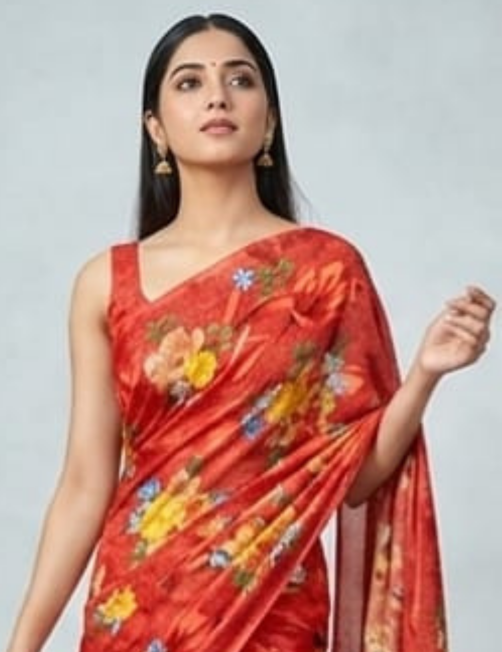 Deep Red base with Vibrant Multicolor Floral Prints Saree
