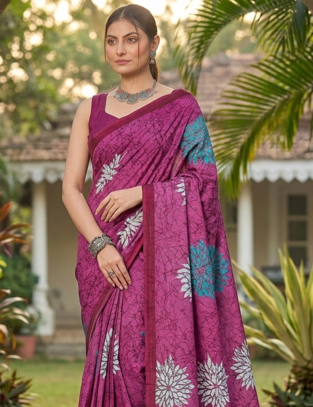 Rose Pink Floral Print Cotton Saree