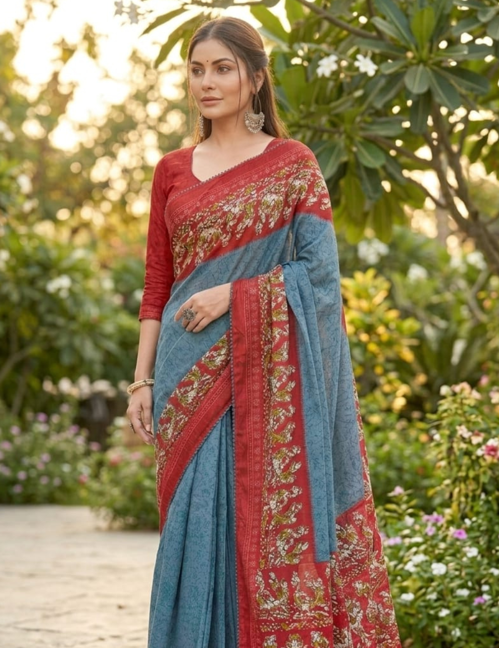 Sky Blue Floral Border Cotton Saree