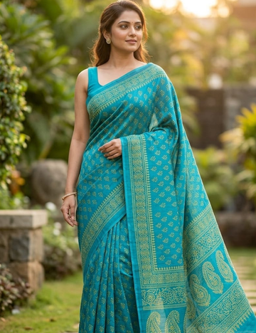 Azure Blue Hand Block Print Cotton Saree