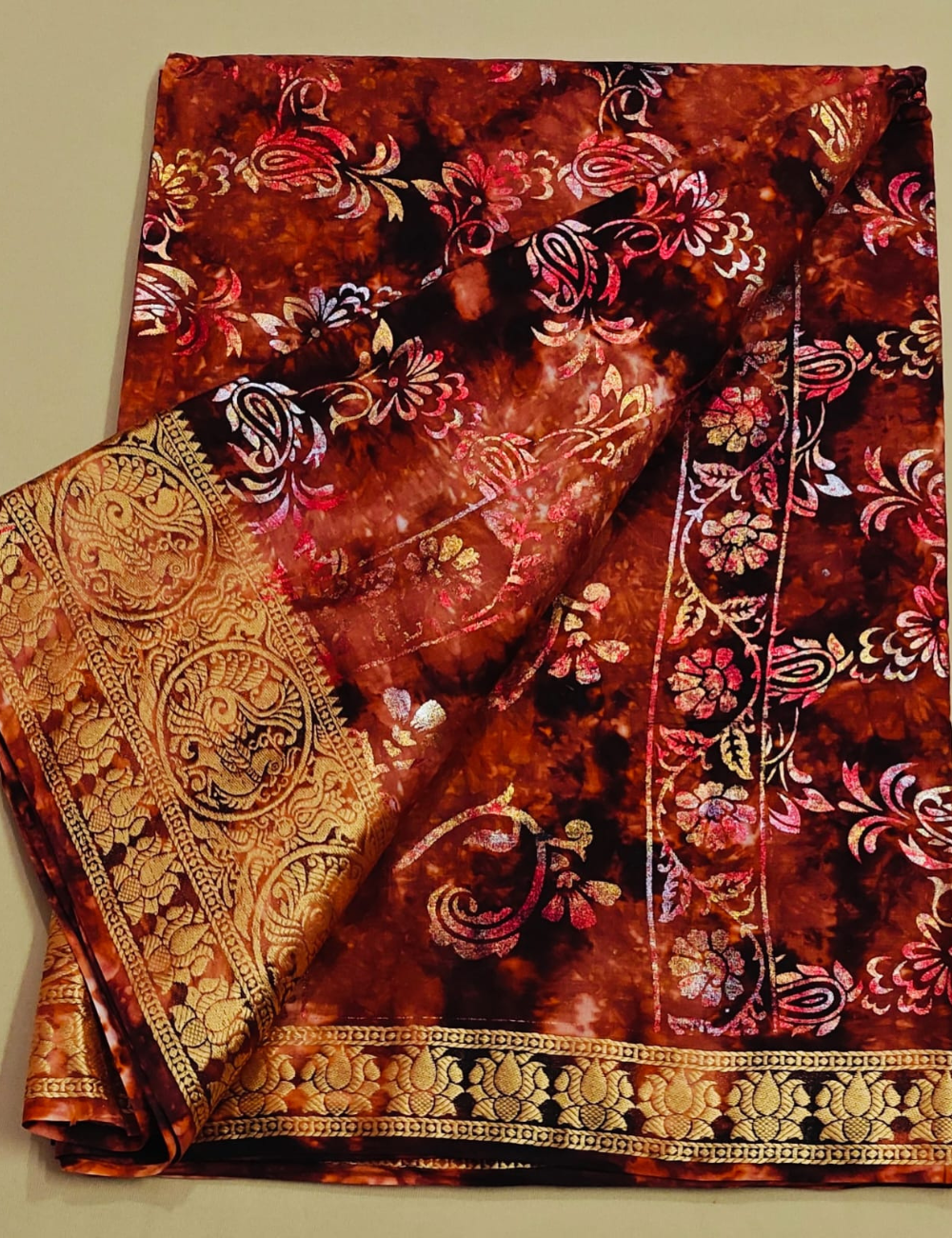 Exquisite Rust & Gold Foil-Printed Soft Cotton Sari