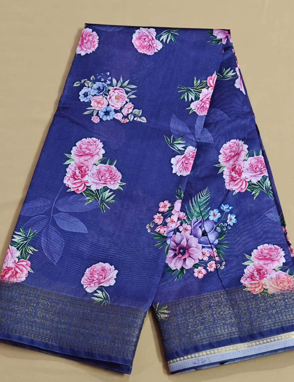 Elegant Navy Blue Floral Digital Printed Saree