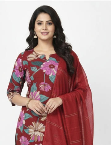 Maroon Floral Printed Kurta Set with Matching Dupatta