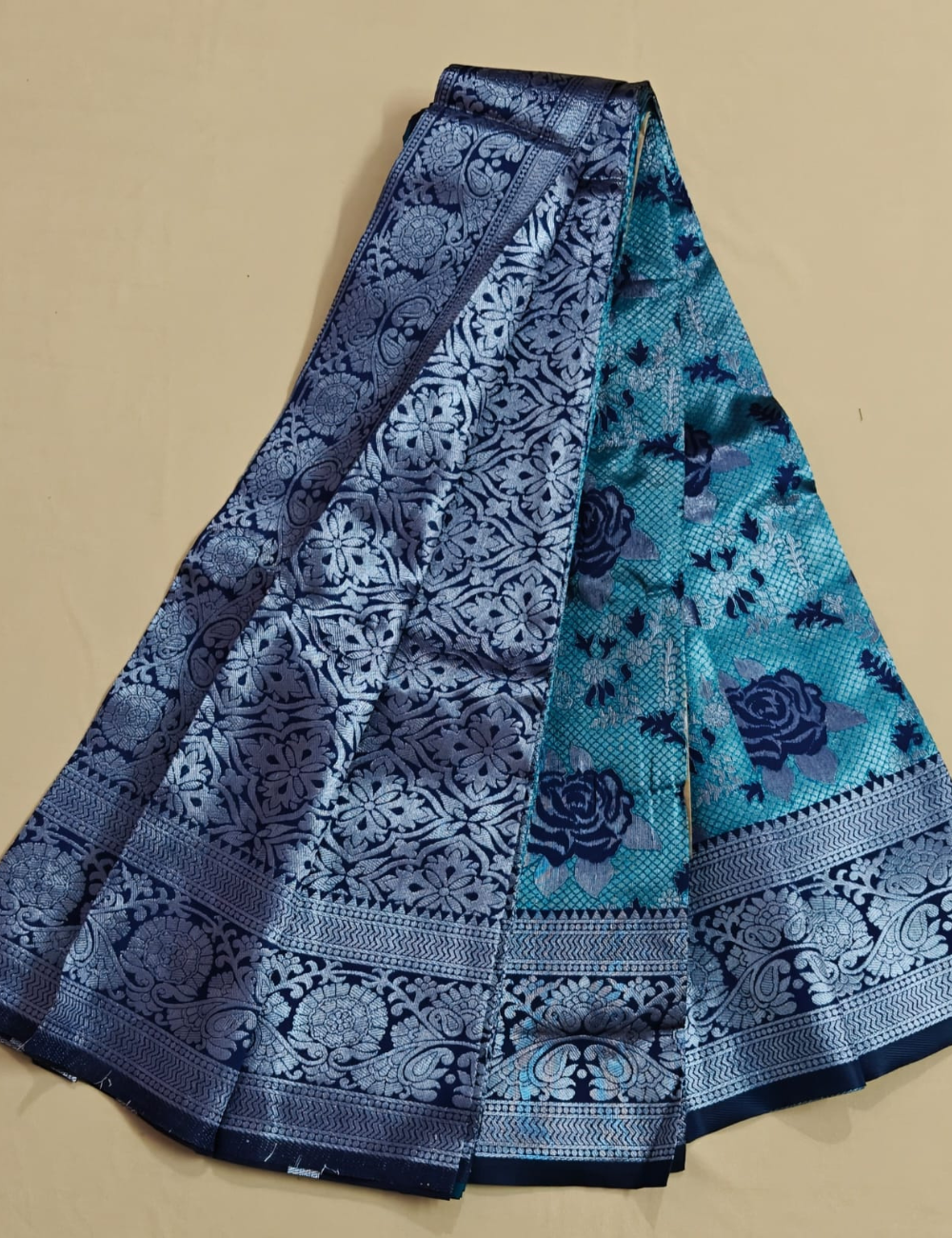 Ocean Turquoise & Navy Blue Art Silk Saree with Silver Brocade & Rose Motifs