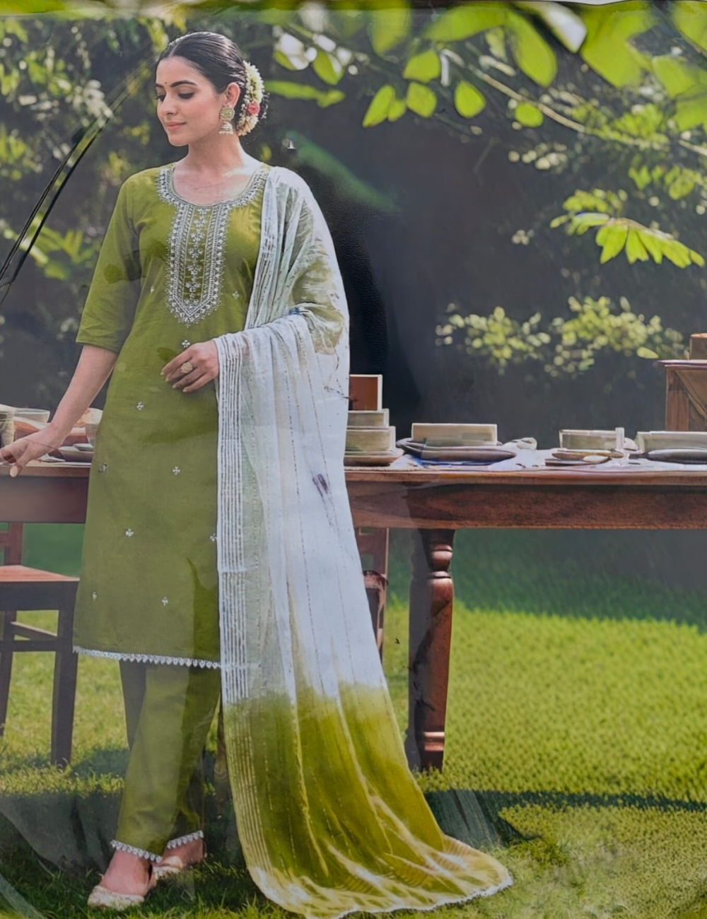 Elegant Olive Green Embroidered Kurta Set with Dupatta