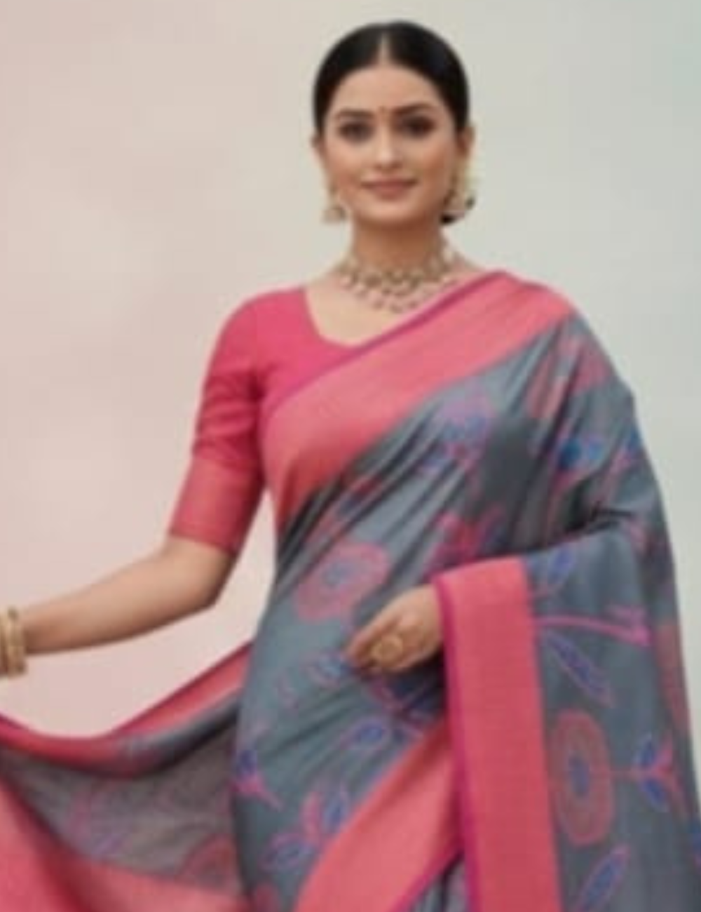 Elegant Grey Saree with Pink Floral Design and Border
