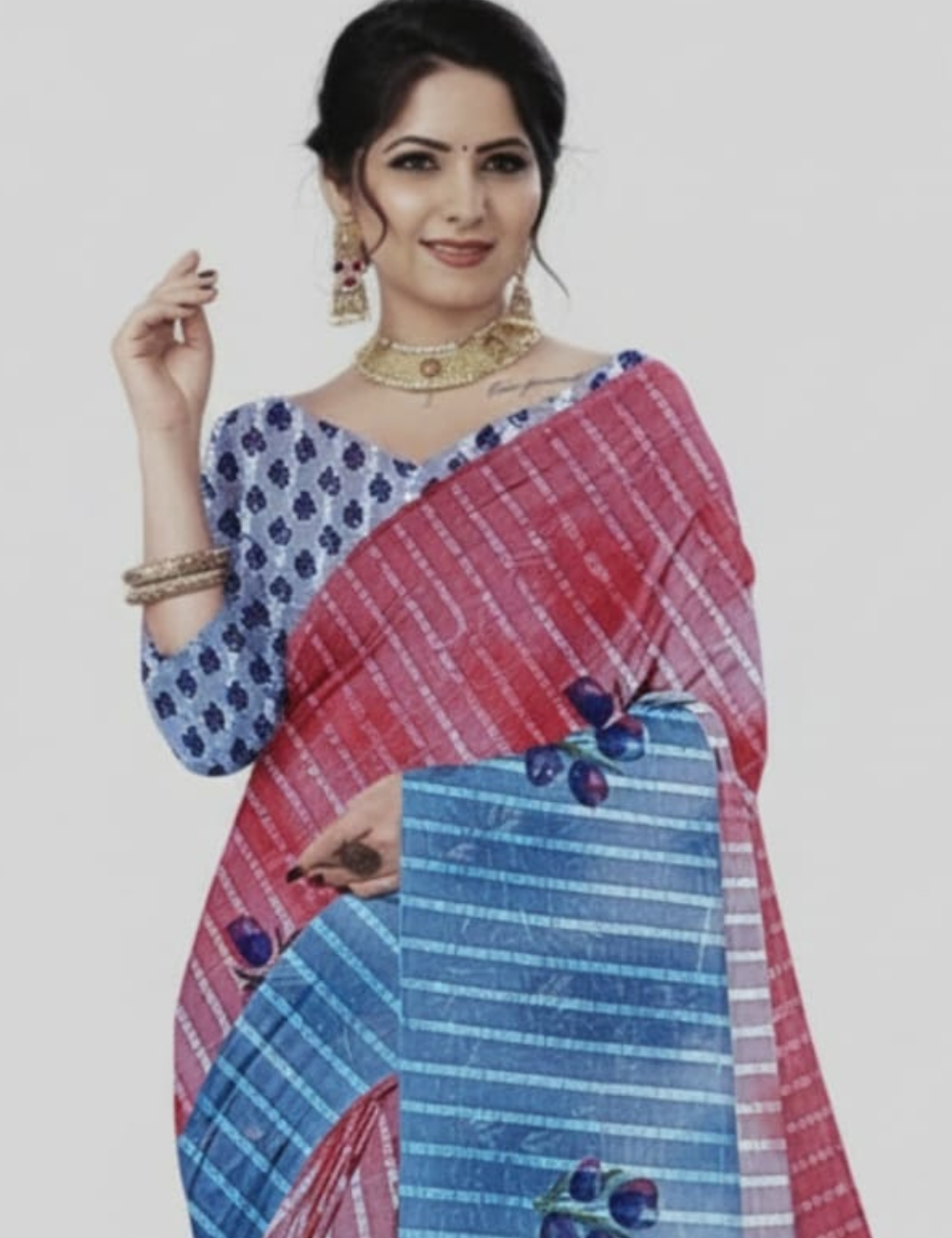 Pink and Blue Dual-Tone Color Saree with Floral Motifs
