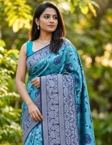 Ocean Turquoise & Navy Blue Art Silk Saree with Silver Brocade & Rose Motifs