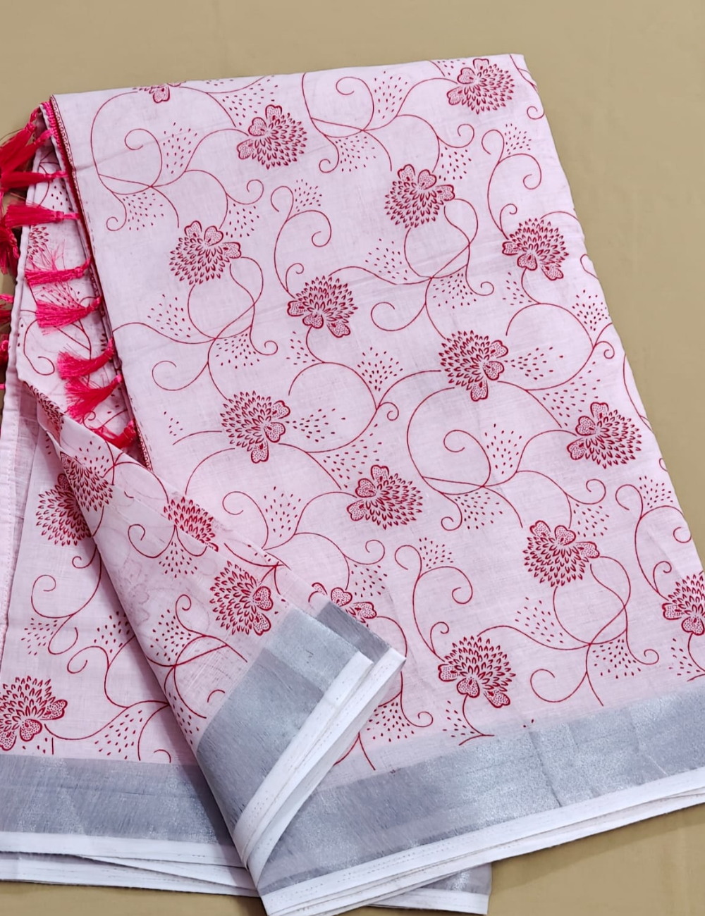 Pink Floral Printed Cotton Saree with Silver Border