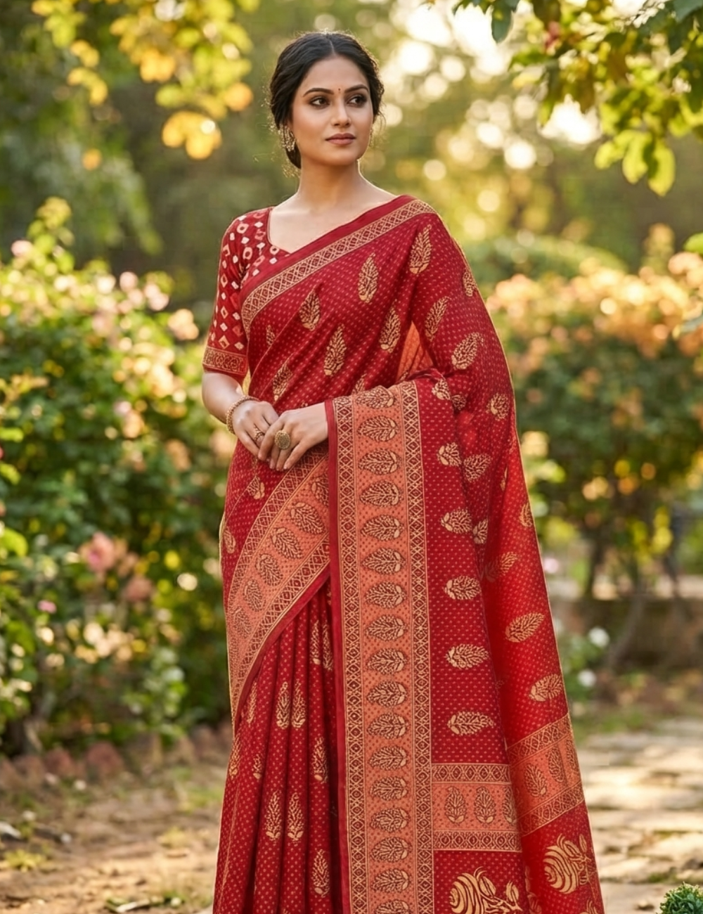 Elegant Crimson Red Block-Print Cotton Saree