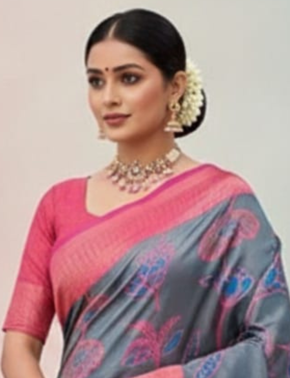 Elegant Grey Saree with Pink Floral Design and Border