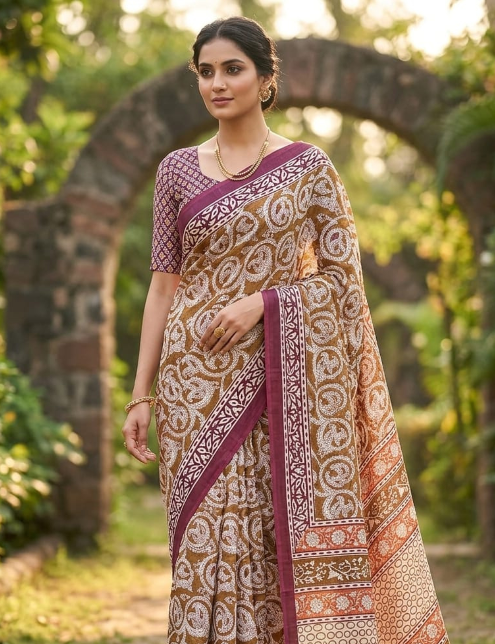 Earthy Paisley Cotton Saree with Rose Pink Border