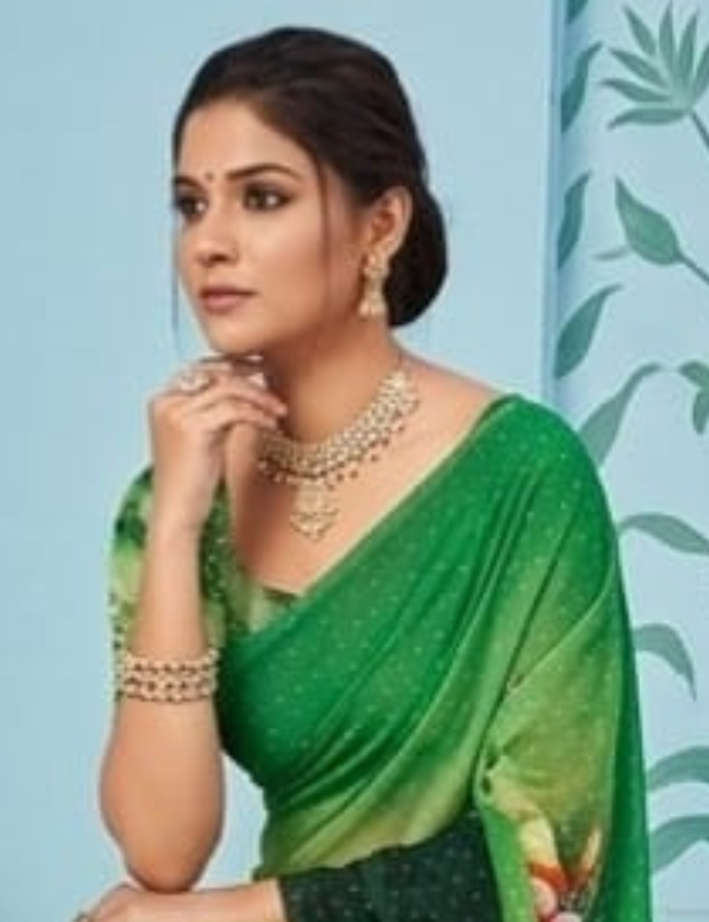 Green Floral Printed Saree with Embellished border