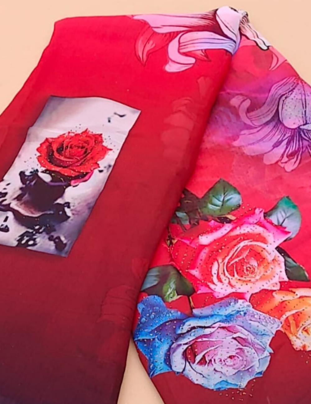 Red and Purple Saree with Large Floral Prints