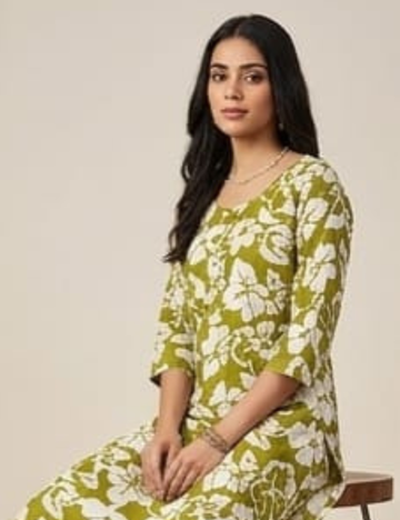 Elegant Olive Green Floral Kurta Set