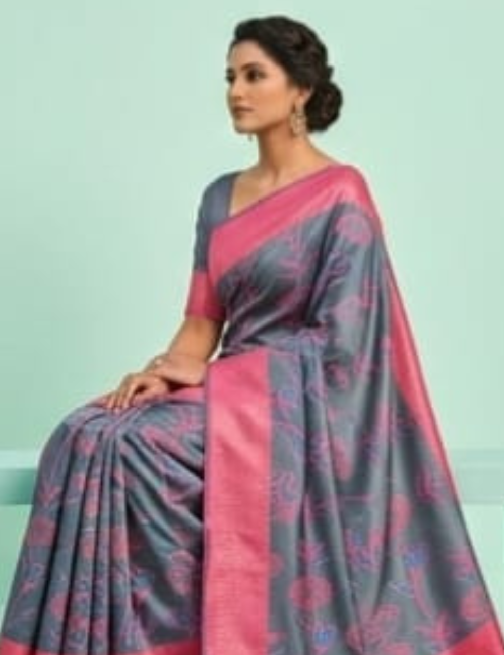 Elegant Grey Saree with Pink Floral Design and Border