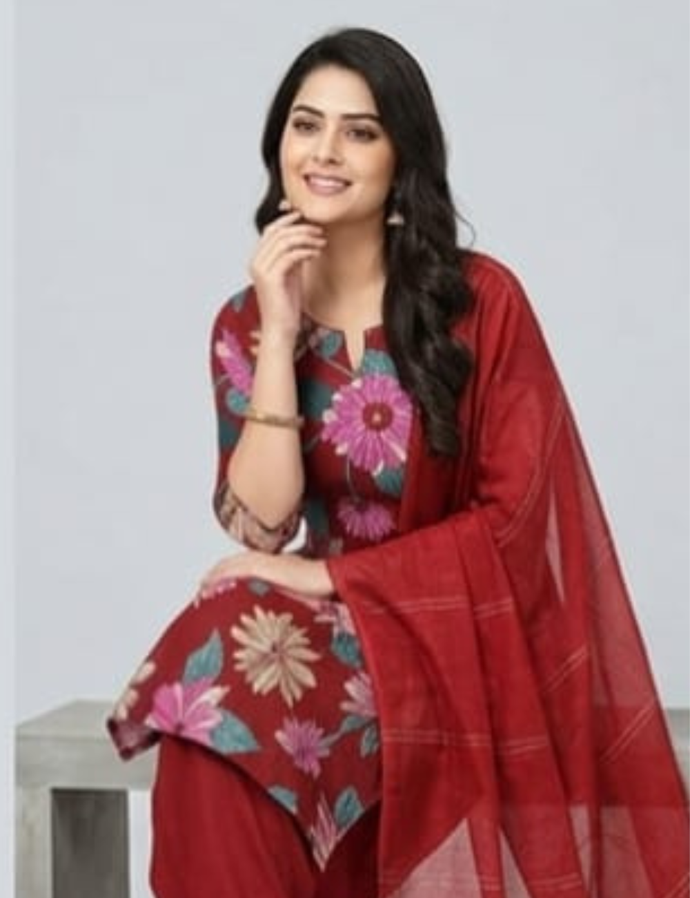 Maroon Floral Printed Kurta Set with Matching Dupatta