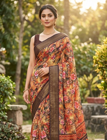 Royal Autumn Floral Digital Printed Saree with Blouse