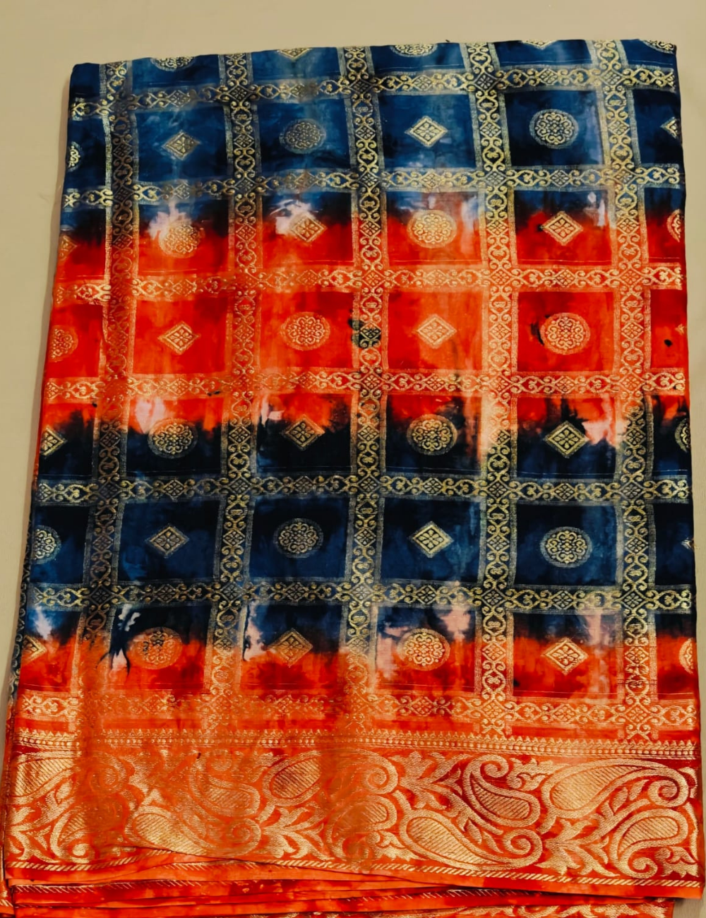 Blue and Red Multi-Tone Grid Zari Saree