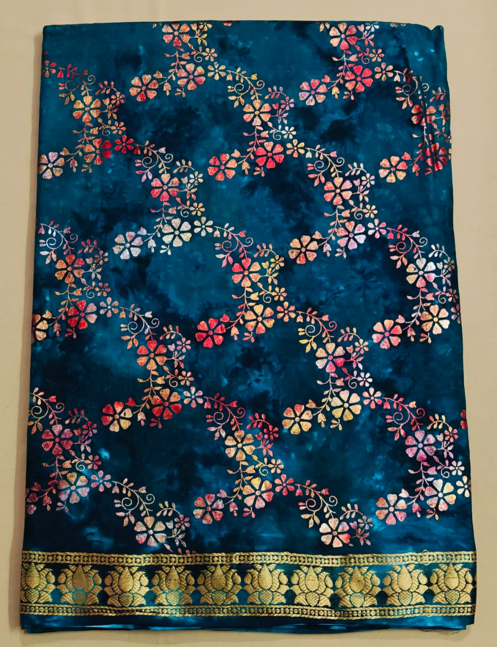 Royal Teal Printed Zari Border Saree