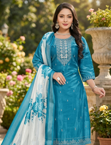 Teal Blue Embroidered Silk Blend Kurta Set (Get Rs. 300 Discount)