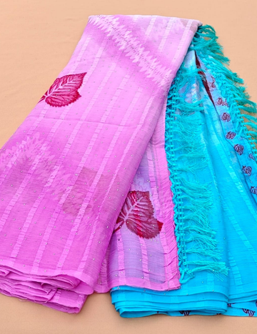 Pink and Blue dual-tone saree with leaf motifs