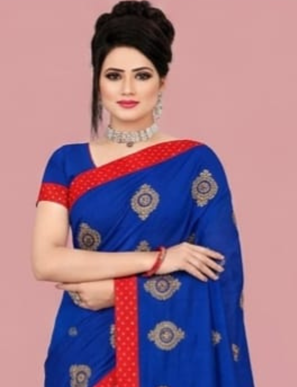 Royal Blue Saree with Pink Velvet Mirror Work Border