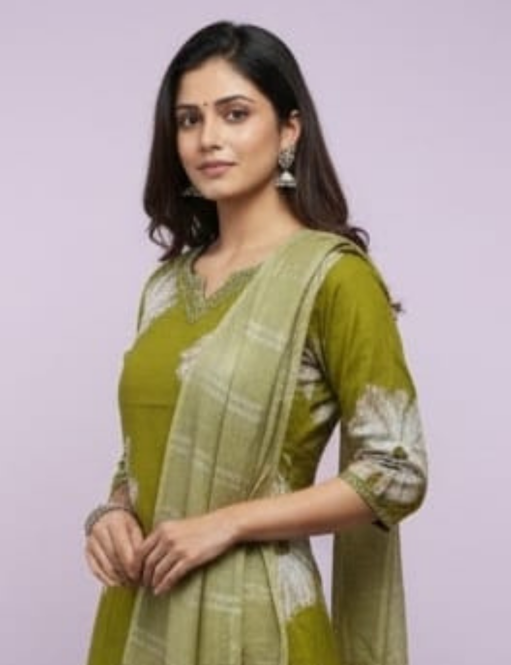 Olive Green Floral Printed Kurta Set with matching Dupatta