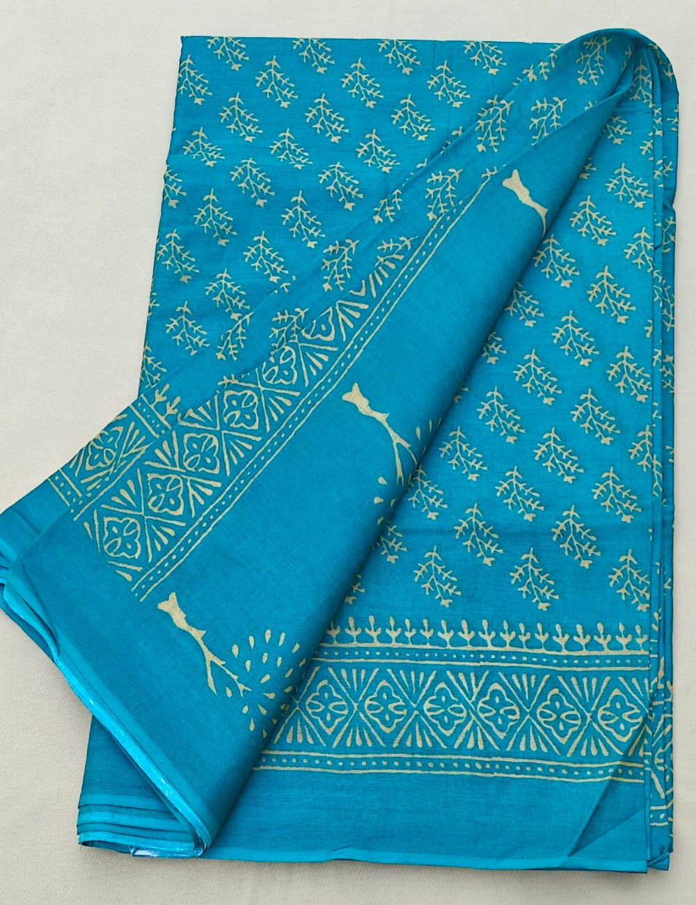 Azure Blue Hand Block Print Cotton Saree