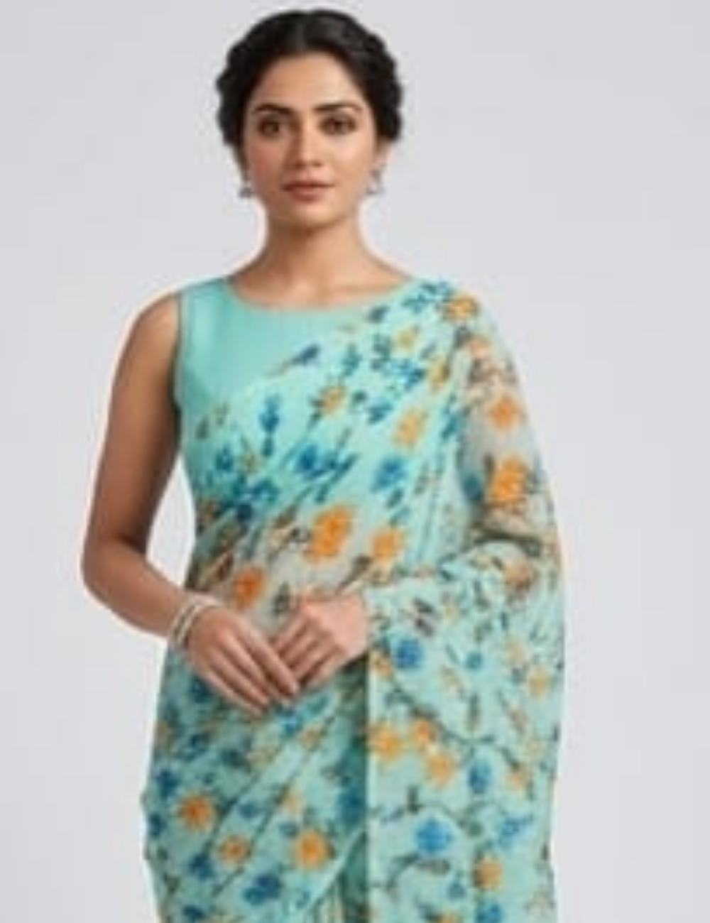 Elegant Aqua Blue Floral Printed Lightweight Saree