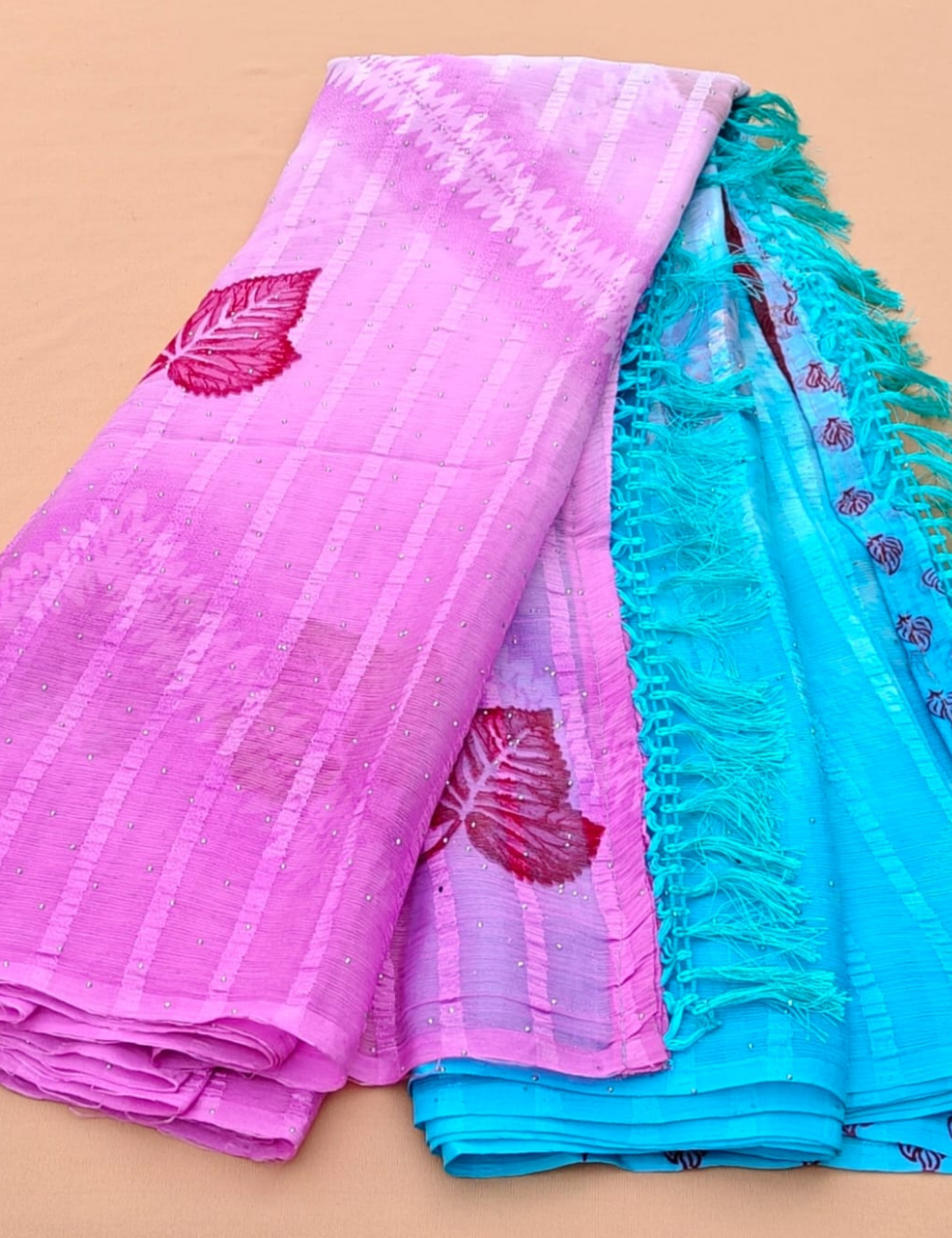 Pink and Blue dual-tone saree with leaf motifs