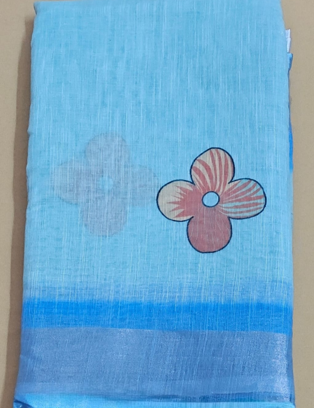 Sky Blue Linen Cotton Sari with Floral Motif