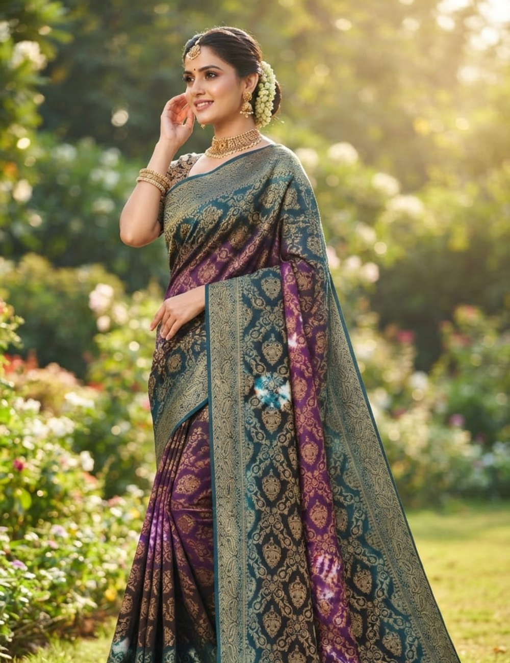 Purple and Blue Ombre Gold Foil Print Sari