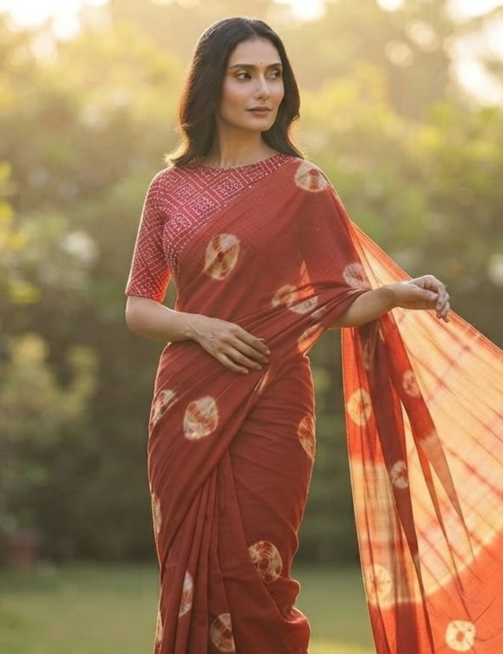 Vibrant Red & White Bandhani-Style Tie-Dye Cotton Saree