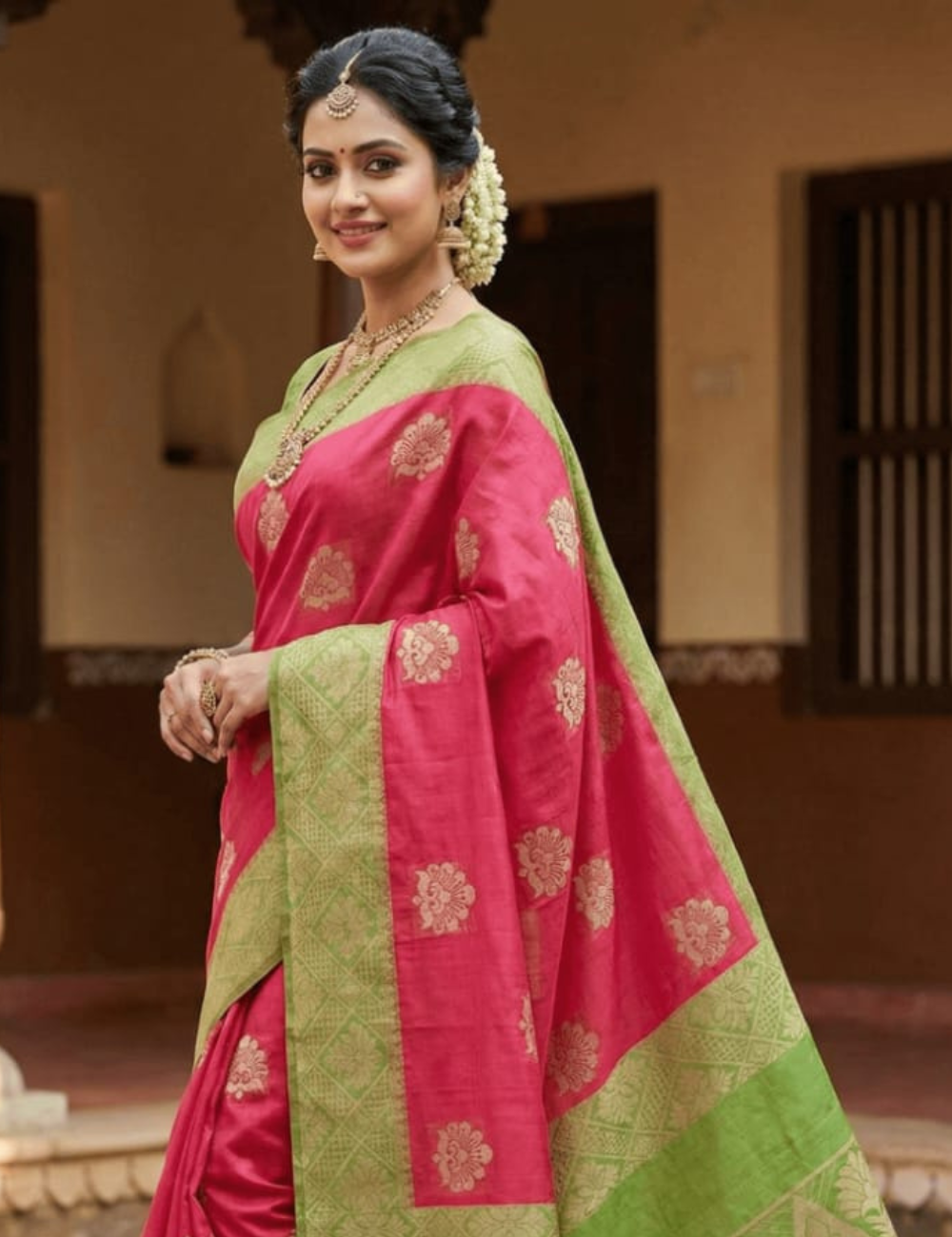 Green and Red Cotton Saree with leaf Border