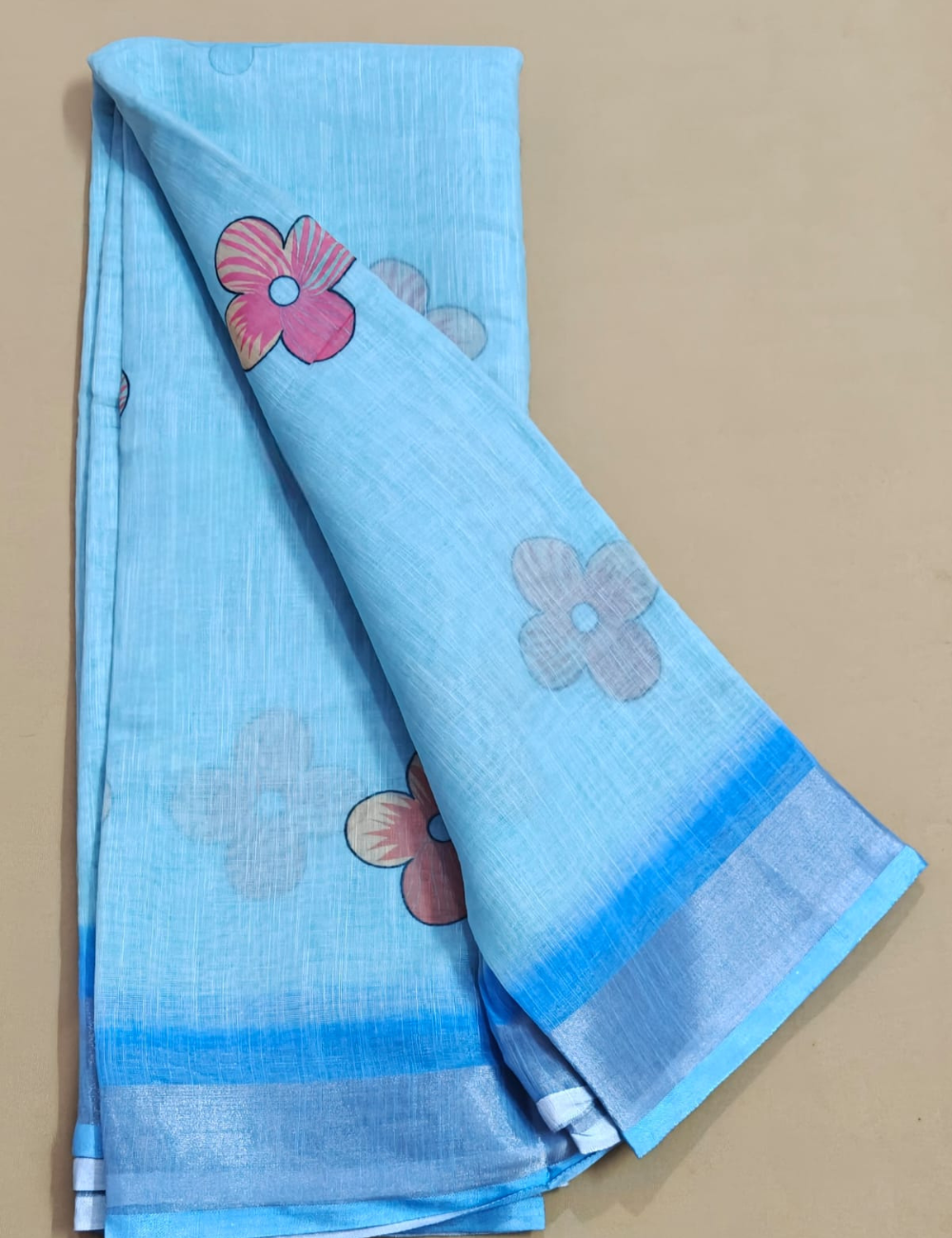 Sky Blue Linen Cotton Sari with Floral Motif