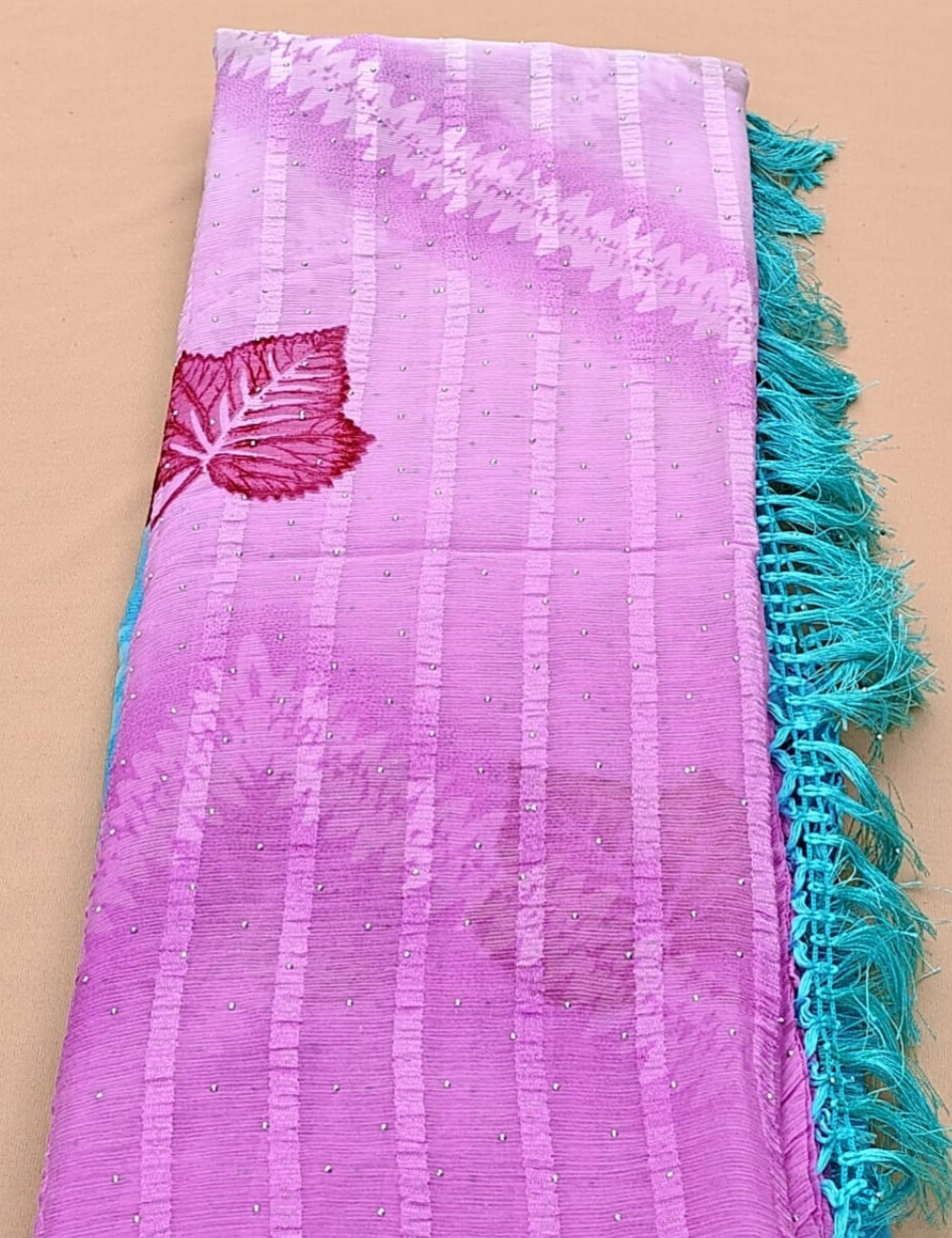Pink and Blue dual-tone saree with leaf motifs