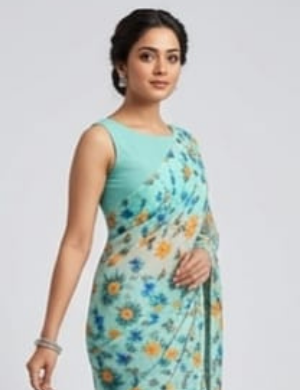 Elegant Aqua Blue Floral Printed Lightweight Saree