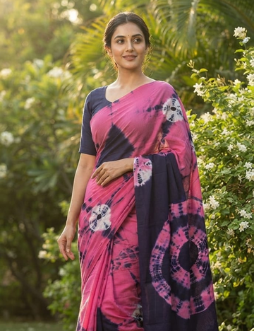 Midnight Blue & Magenta Shibori-Style Tie-Dye Cotton Saree