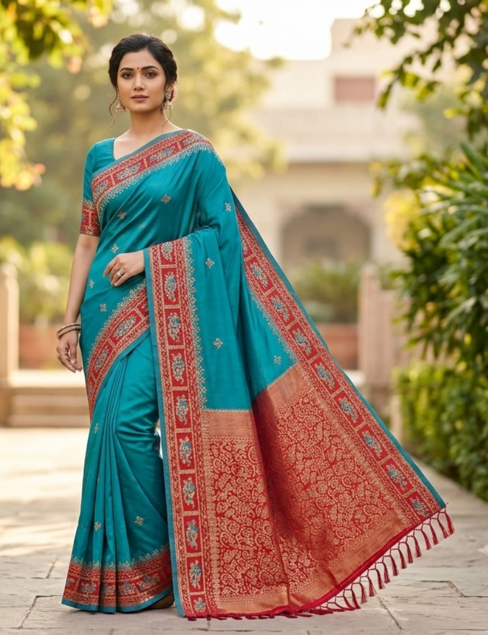 Teal Blue Saree with Red Embroidered Border