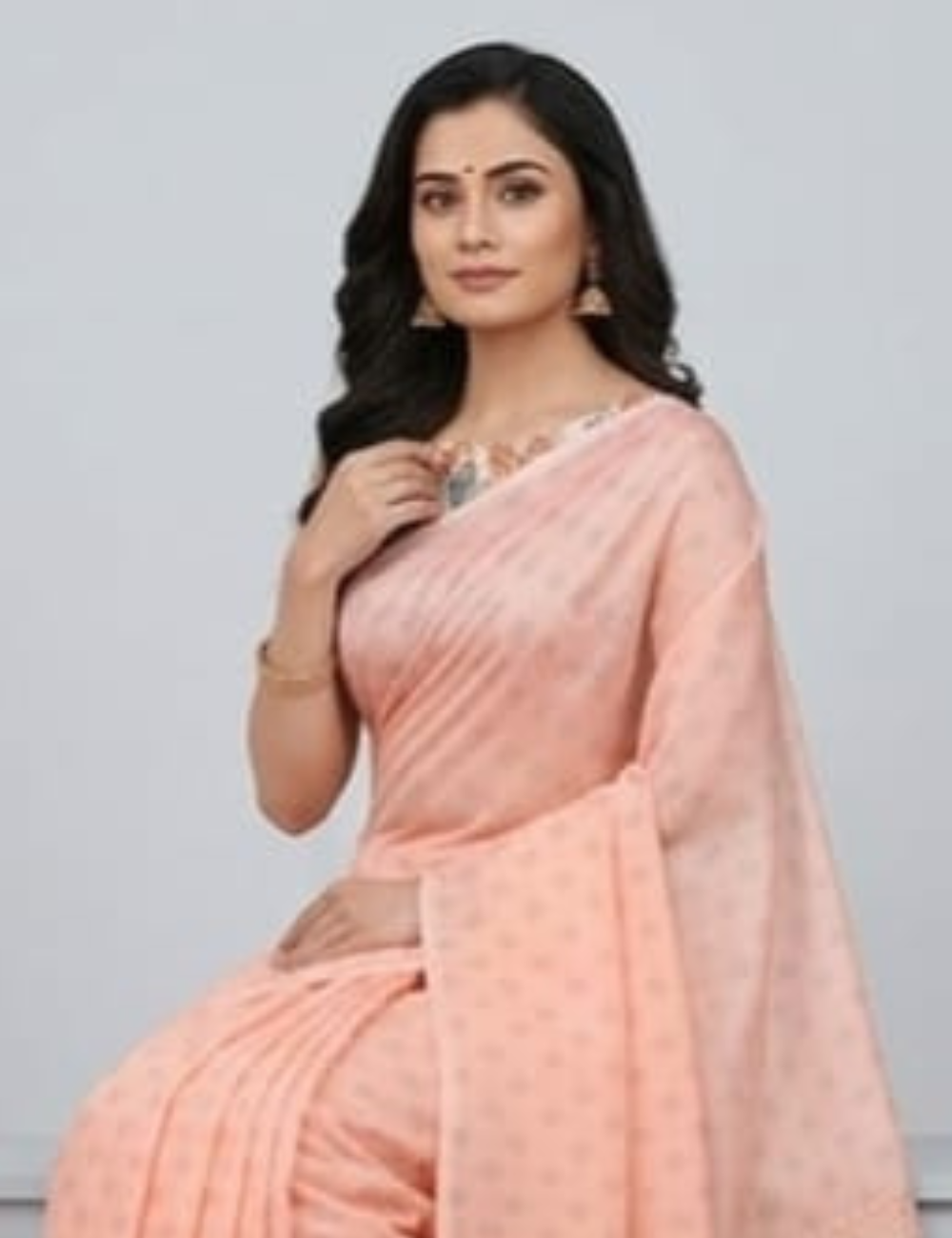 Elegant Peach Saree with Floral Printed Blouse