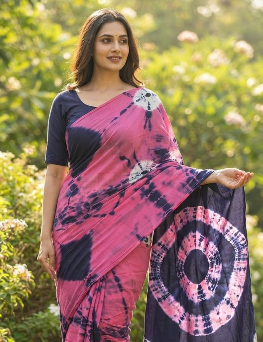 Midnight Blue & Magenta Shibori-Style Tie-Dye Cotton Saree