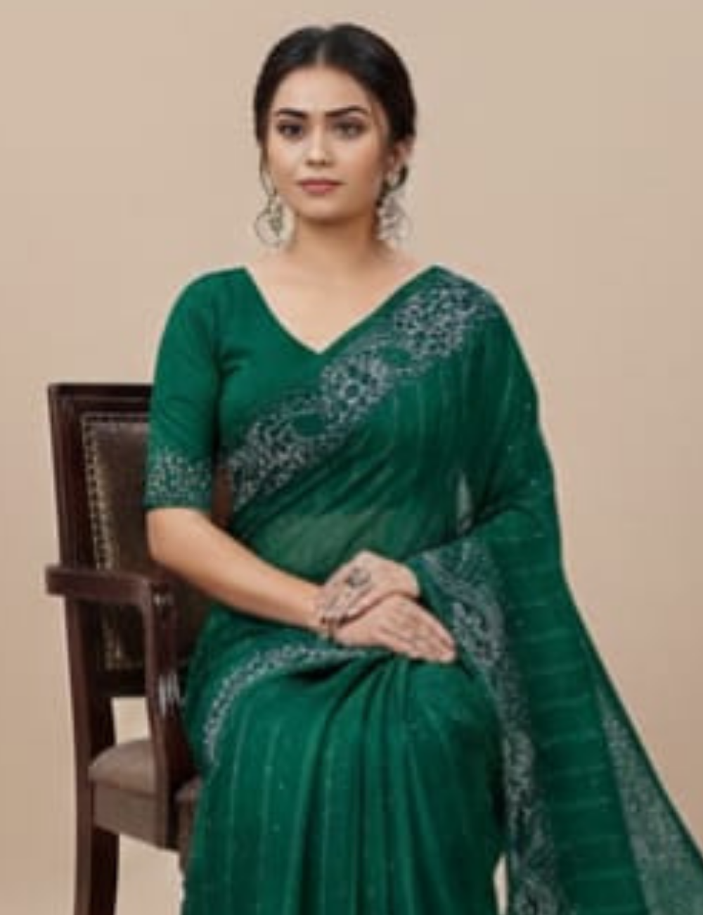 Stylish Emerald Green Saree with White Stone Work Border