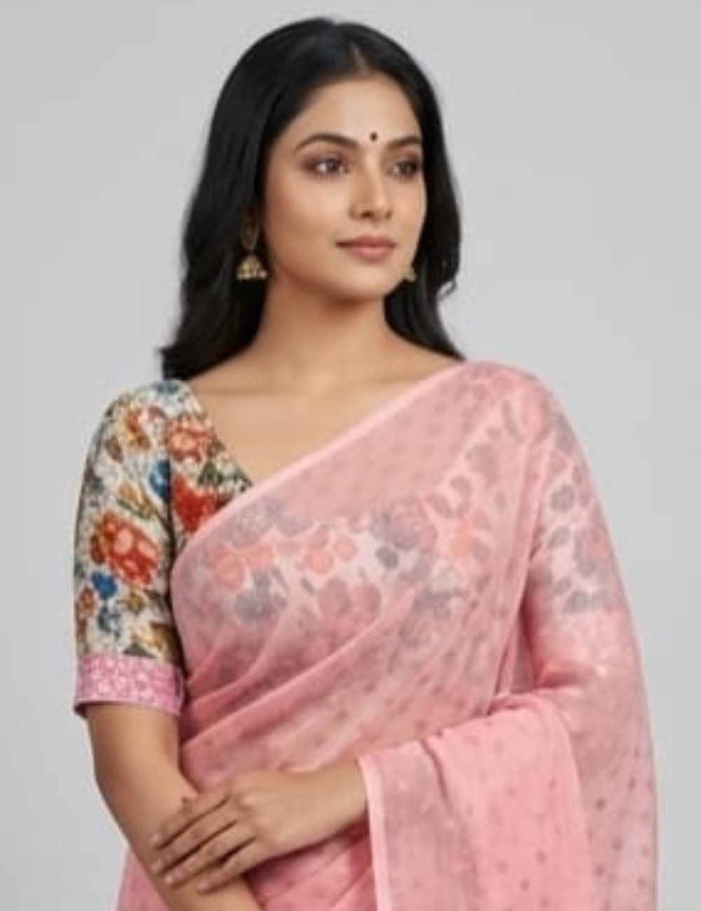 Charming Pink Saree with Floral Designer Blouse